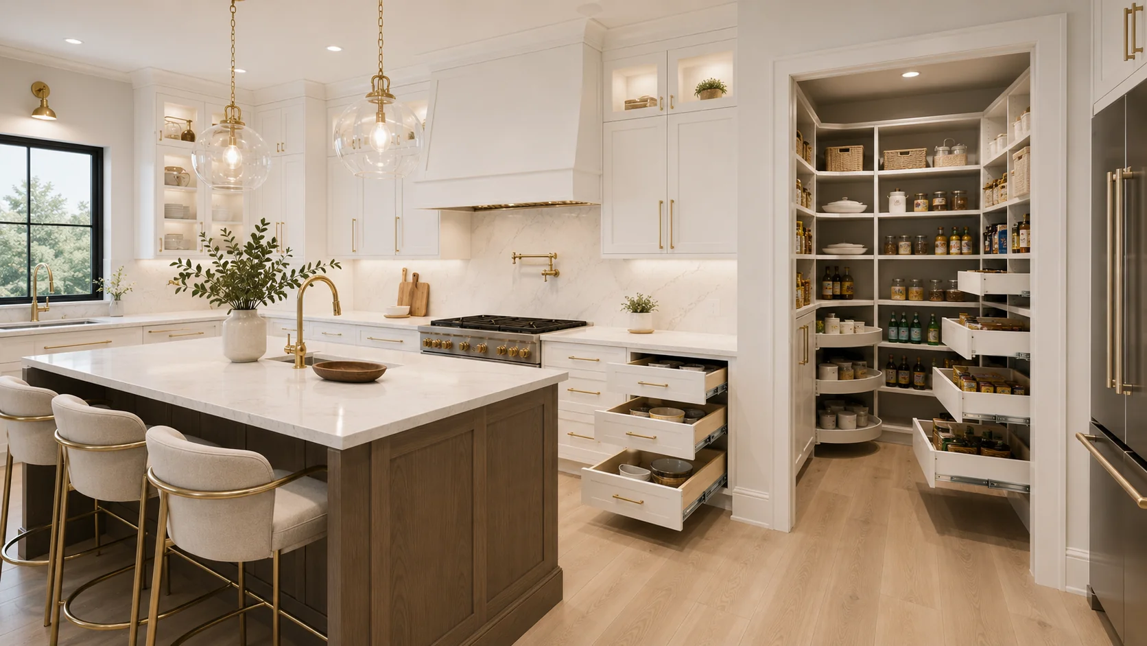 Bright white kitchen with gold accents and a walk-in pantry fitted with pull-out shelves