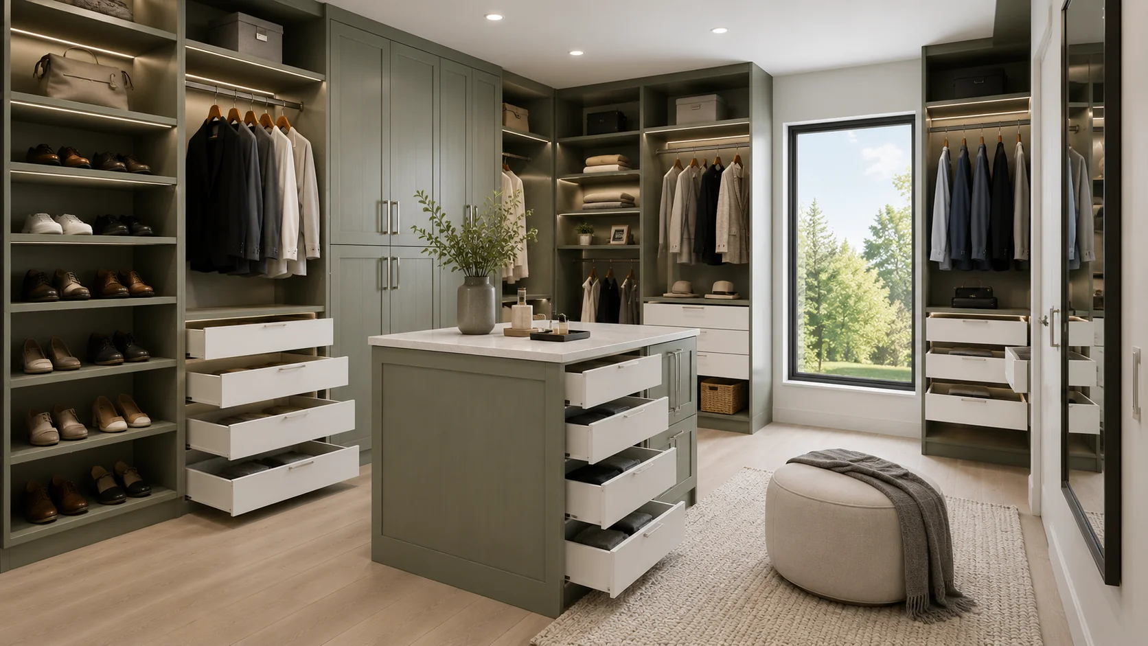 Luxury walk-in closet with sage cabinetry, a center island and pull-out drawers