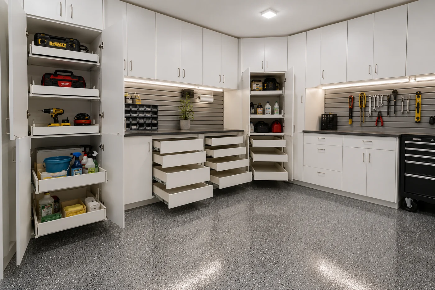 Organized garage with white cabinets, pull-out shelves and a slatwall tool wall