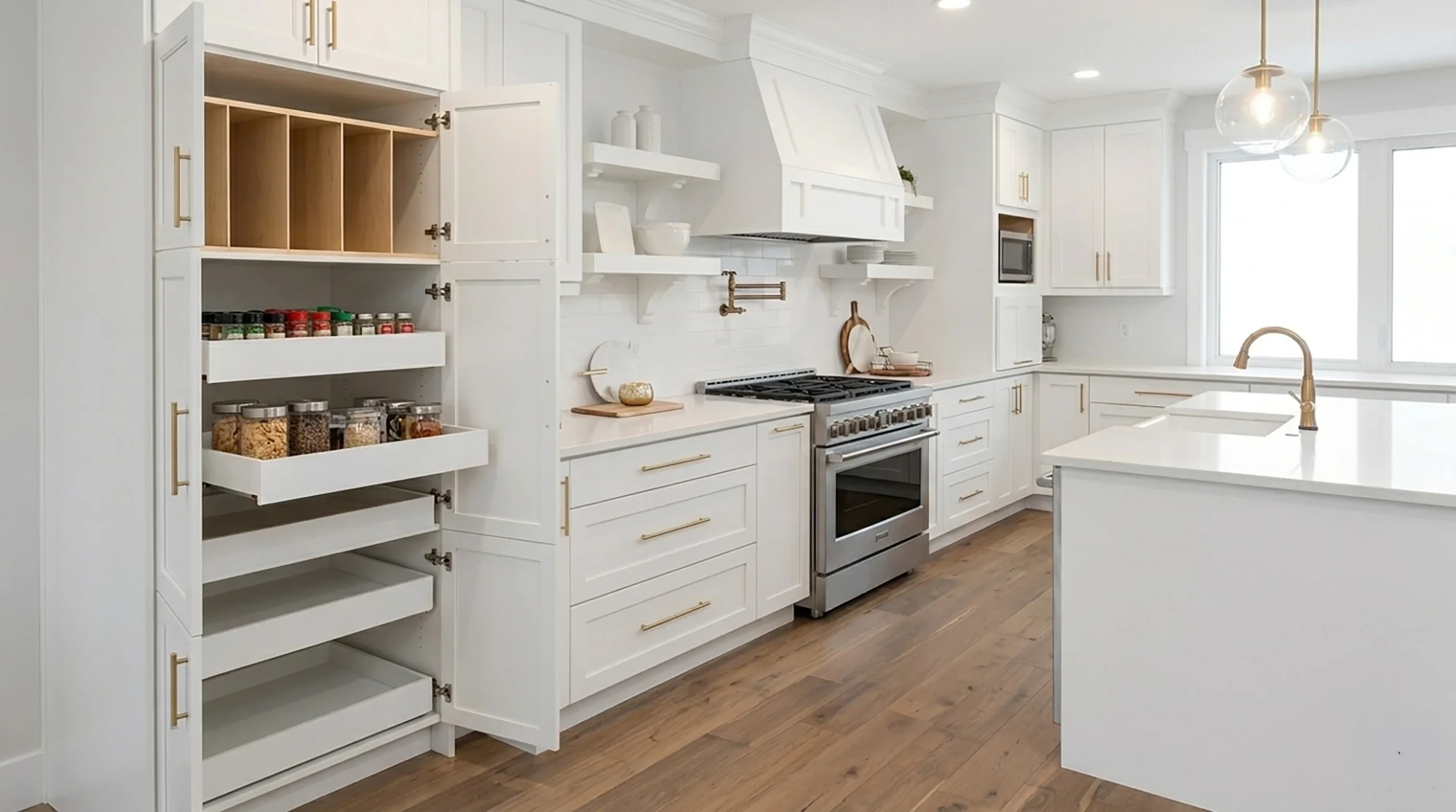 Bright white kitchen with custom pull-out pantry shelves fully extended