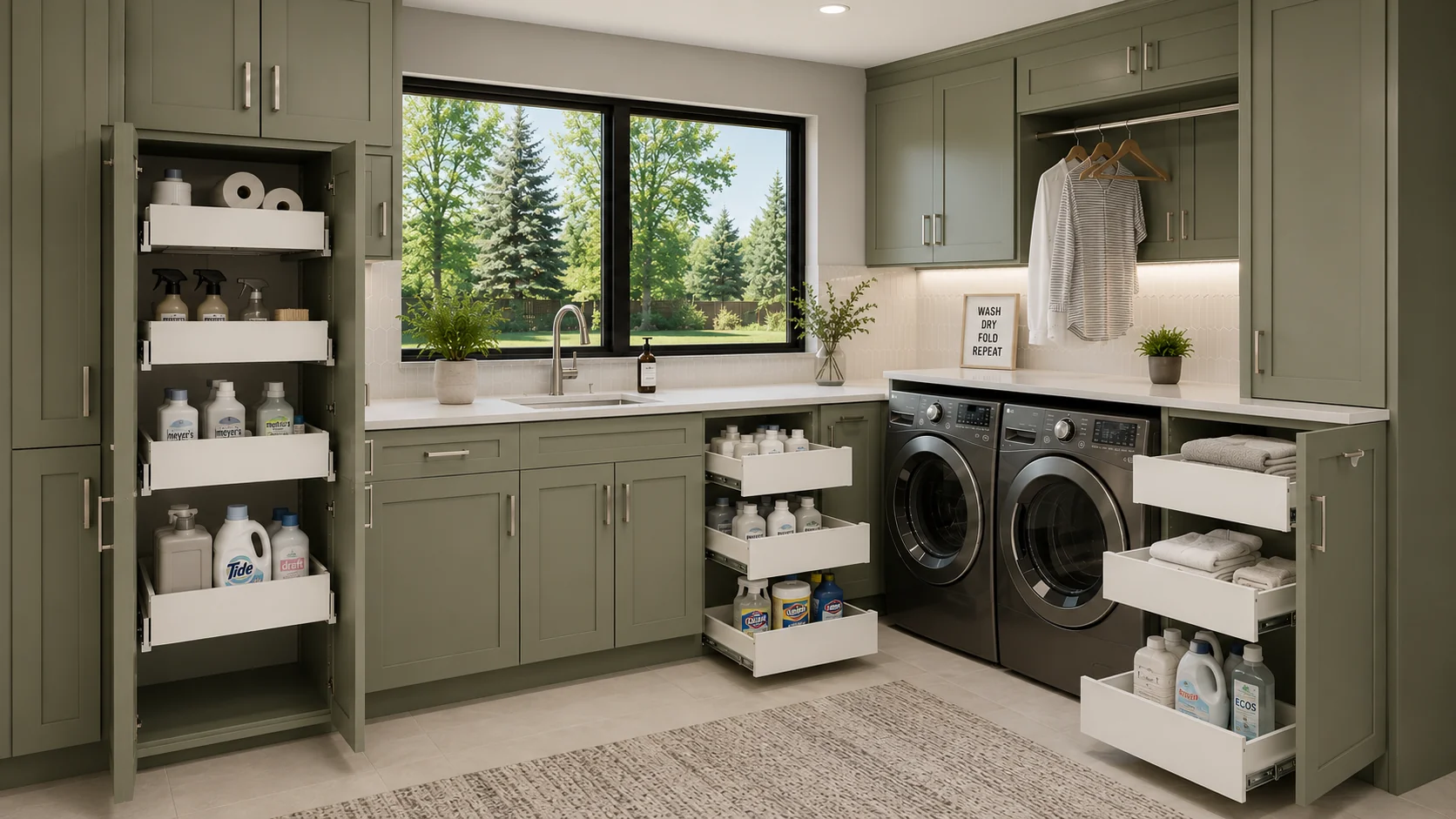 Sage green laundry room with custom pull-out shelves flanking the washer and dryer